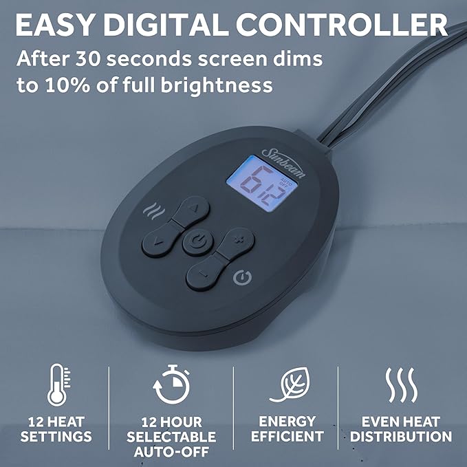 Sunbeam Electric Heated Mattress Pad Restful Quilted Extra-Cozy Fabric 12 Heat Settings 12-Hour Auto Shut-Off Deep Pocket Fit Machine Washable Twin 75" x 39"