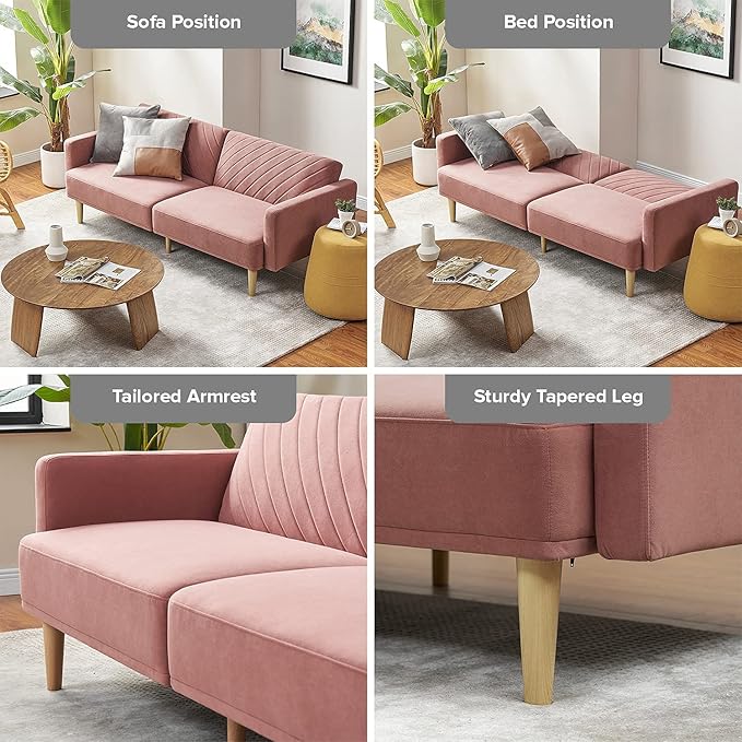 mopio 76.4" Futon Sofa Bed, Couch, Loveseat, Sleeper Sofa, Mid Century Modern Futon Couch, Sofa Cama, Couches for Living Room (Old Rosa Velvet)