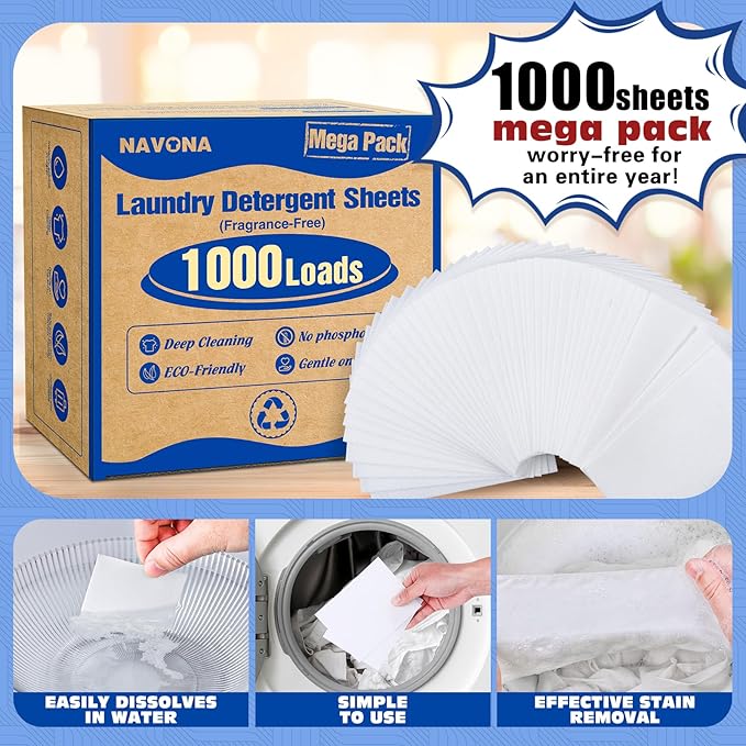 1000 Loads Mega Pack Laundry Detergent Sheets, Eco-friendly Laundry Sheets, Powerful Cleaning, Suitable for Homes, Dorms, and Apartments- [Fragrance-Free]