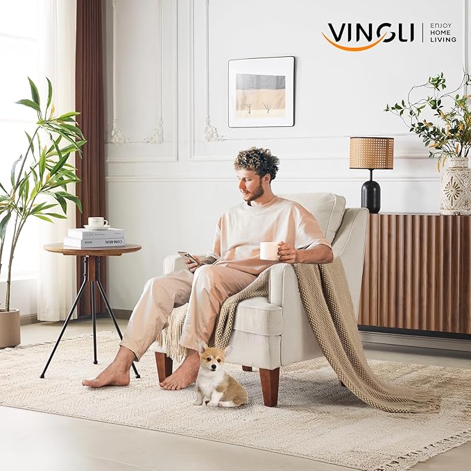 VINGLI Mid-Century Modern Accent Chair, Beige Upholstered Armchair Comfy Sofa Chair Reading Chair High Back for Living Room Bedroom Furniture Apartment