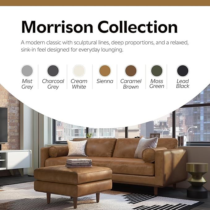SIMPLIHOME Morrison Mid-Century Modern 89 inch Wide Sofa with Ottoman Set in Caramel Brown Genuine Leather for the Living Room and Family Room