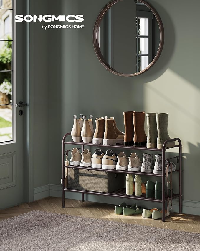 SONGMICS Shoe Rack, 3-Tier Shoe Organizer, Metal Shoe Shelf Storage with 4 Side Hooks, Holds 15 Pairs of Shoes, Height-Adjustable Shoe Rack for Entryway, Hallway, Closet, Easy Assembly, Chestnut Brown