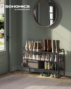 SONGMICS Shoe Rack, 3-Tier Shoe Organizer, Metal Shoe Shelf Storage with 4 Side Hooks, Holds 15 Pairs of Shoes, Height-Adjustable Shoe Rack for Entryway, Hallway, Closet, Easy Assembly, Chestnut Brown