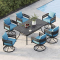 Grand patio Outdoor Dining Set, 7-Piece Patio Table and Chairs Set, Metal Woven Wicker Swivel Patio Chairs with Thickened Cushions & 1 Rectangular Woodgrain Dining Table with Umbrella Hole (Brown)