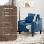 Accent Chair for Living Room Modern Linen Upholstered Armchair Side Wooden Fabric Sofa Chair with Foldable Table 2 Side Pockets Comfy Reading Chair for Bedroom