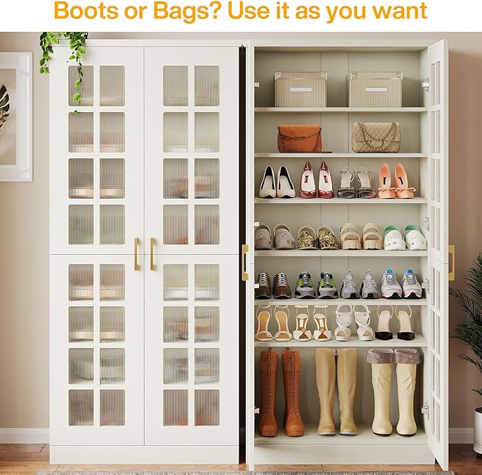 Tribesigns 70-Inch Tall Shoe Cabinet with Doors, 8-Tier Shoe Storage with Adjustable Shelves, Modern Shoe Organizer Shoe Rack Cabinet for Entryway, Hallway, Closet, Living Room, White and Gold