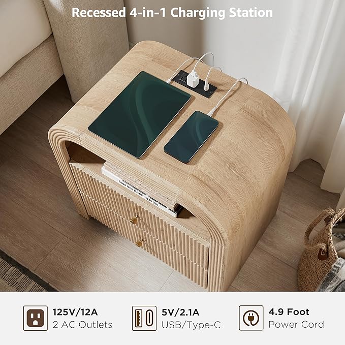 T4TREAM Fluted Nightstand with Charging Station, 24" Large 2 Drawers Bedside Table, Modern End Table with Storage Night Stand for Bedroom, Living Room, Round Curved Corner Design, Natural Oak