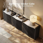 BELLEZE Set of 2 Modular Sideboard Buffet Cabinet with Storage,70 Inch Modern Credenza with Adjustable Shelves, Fluted Black Console Table with Faux Marble Panel for Kitchen, Entryway, Dining Room