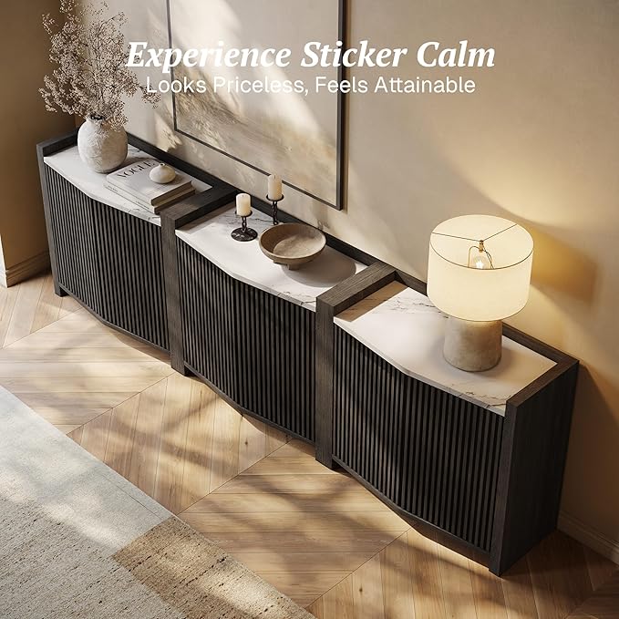 BELLEZE Set of 3 Modular Sideboard Buffet Cabinet with Storage,105'' Modern Credenza with Adjustable Shelves, Fluted Black Console Table with Faux Marble Panel for Kitchen, Entryway, Dining Room