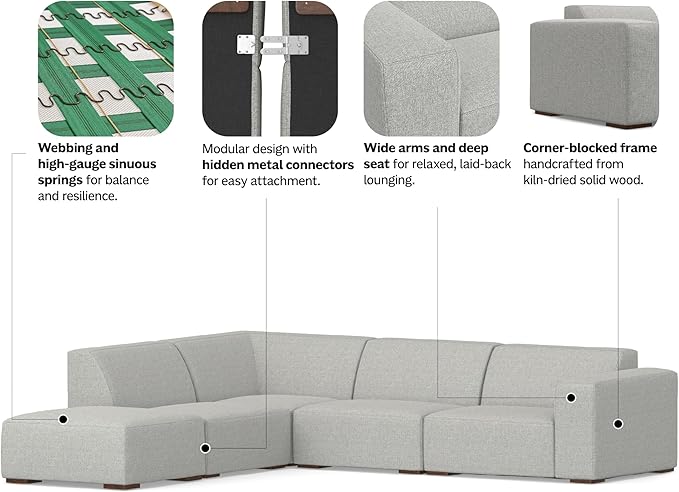 SIMPLIHOME Rex Left Corner Sectional Modular Sofa and Ottoman Set in 100% Recycled Polyester Tightly Woven Performance Fabric, Pale Grey, 116-inch-wide L-Shaped Sofa and 34-inch-Wide Ottoman