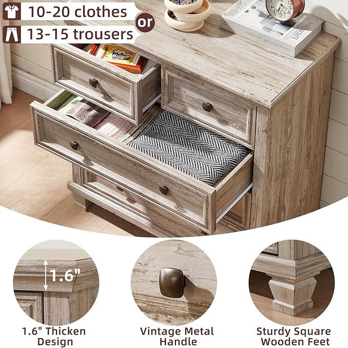 Farmhouse Bedroom Dresser and Nightstand Set of 4, 6 Drawer Tall & 5 Drawers Dresser & 2 Drawer Nightstand Set, Rustic Wood Bedroom Furniture Set for Livingroom, Hallway, Grey