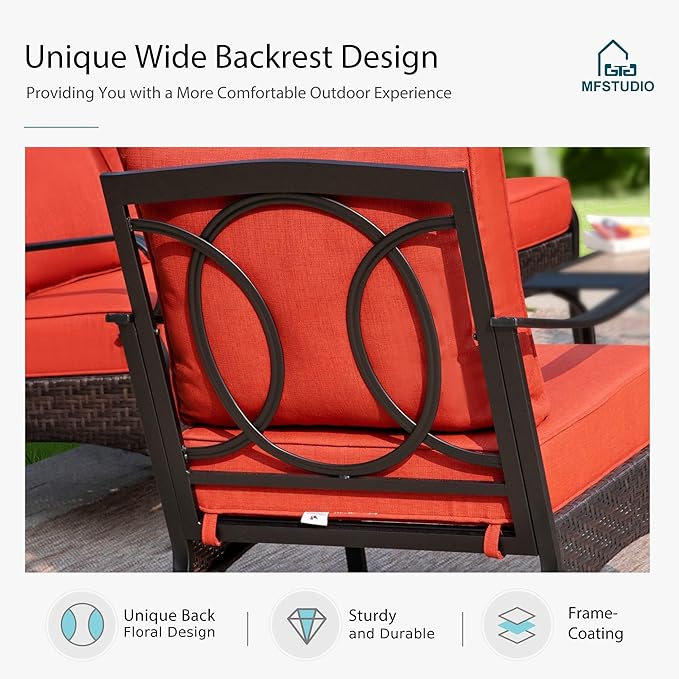 MFSTUDIO 4 Pieces Outdoor Patio Furniture Set, Metal Outdoor Conversation Set, Rattan Wicker Patio Sectional Sofa Set with 2 x Fixed Single Sofa, 3-Seat Sofa, 1 x Coffee Table, Red