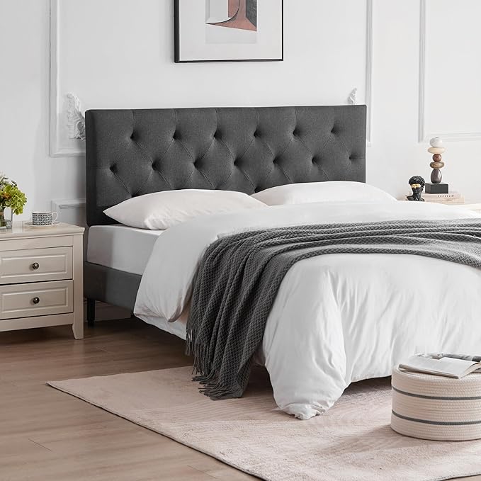 Linen Upholstered Headboard King Size, Modern Diamond Tufting Solid Wood Cali King Headboard Only, Adjustable Height from 37” to 51” Head Board, Bed Frame or Wall Mount Headboards, Dark Grey
