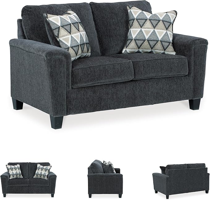 Signature Design by Ashley Abinger Chenille Contemporary Loveseat with 2 Accent Pillows, Dark Gray