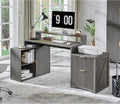 JXQTLINGMU 67" Modern L Shaped Desk with Storage Cabinet & Drawers, Wood Home Office Desk with Power Outlets, Fluted Computer Writing Desk, Grayish Green