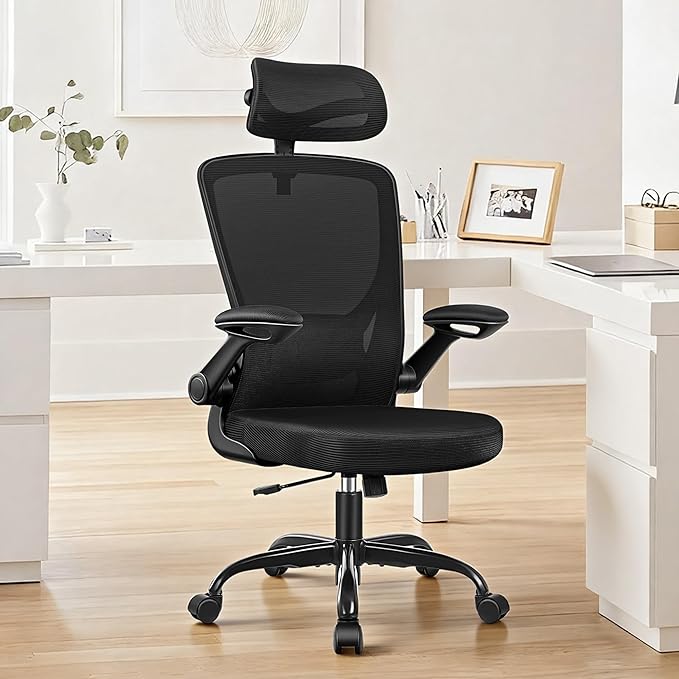 Ergonomic Office Chair, High Back Mesh Desk Chair with Lumbar Support, Flip-up Armrests, Adjustable Headrest, Computer Gaming Chairs for Long Hours, Black