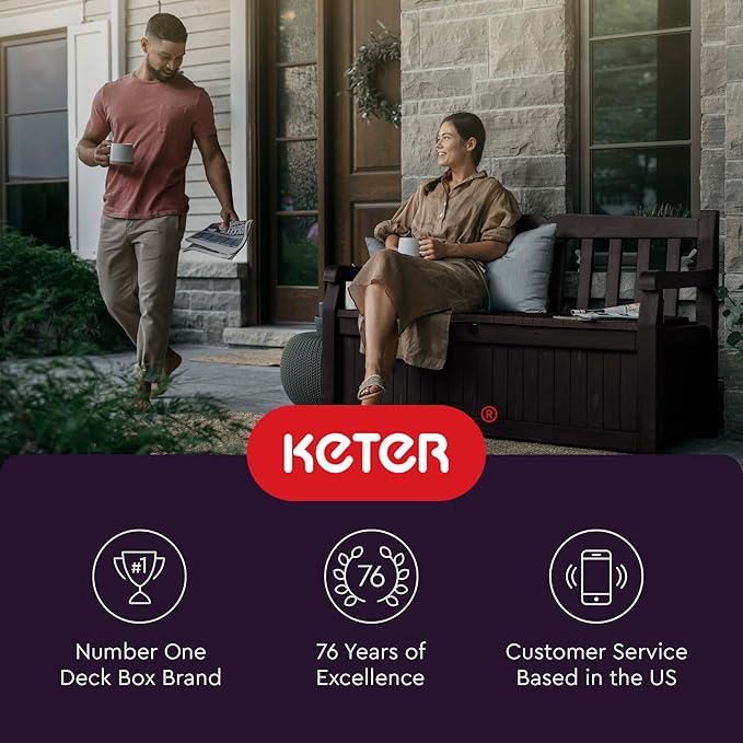 Keter Solana 70 Gallon Storage Bench Deck Box for Patio Storage, Front Porch Decor and Outdoor Seating – Perfect to Store Garden Tools and Pool Floats, Graphite