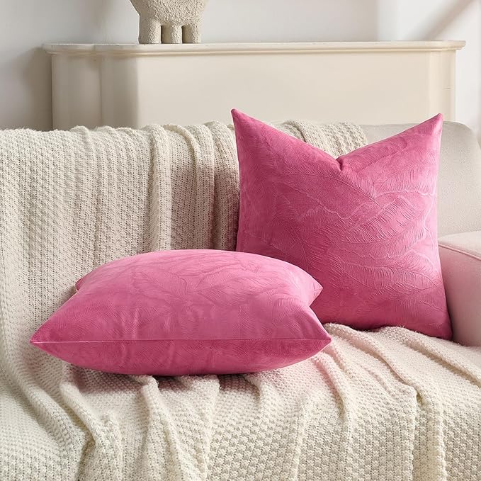 FUTEI Hot Pink Velvet Throw Pillow Covers 12x20 Inch Set of 2,Soft Embossed Leaf-Relief Textured Lumbar Pillow Cases,Natural Home Decor for Couch Living Room