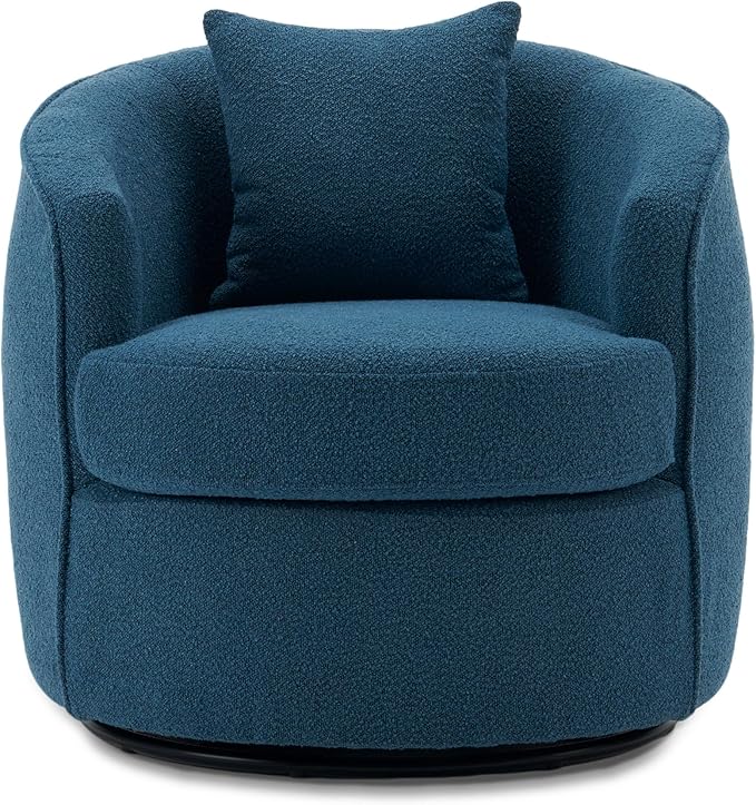 Swivel Accent Chair Set, Modern Upholstered Boucle Barrel Arm Chairs with Pillow for Living Room, 360 Degree Round Swivel Sherpa Armchair with Round Base for Bedroom Club (2, Dark Blue)