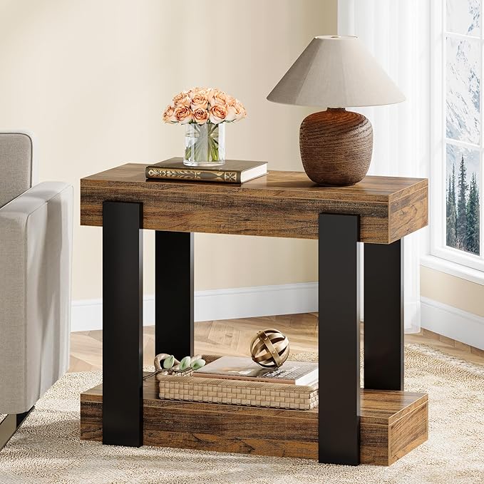 Tribesigns Narrow End Table Set of 2, 2-Tier Farmhouse Side Table with Storage Shelf for Living Room, Rectangular Night Stand and Bedside Tables for Bedroom, Brown
