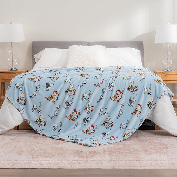 Berkshire Blanket Peanuts® VelvetLoft® Cute Character Snoopy Plush Blanket,Snoopy The Athlete Closed in Blue,King 90 in x 108 in (Official Peanuts® Product)