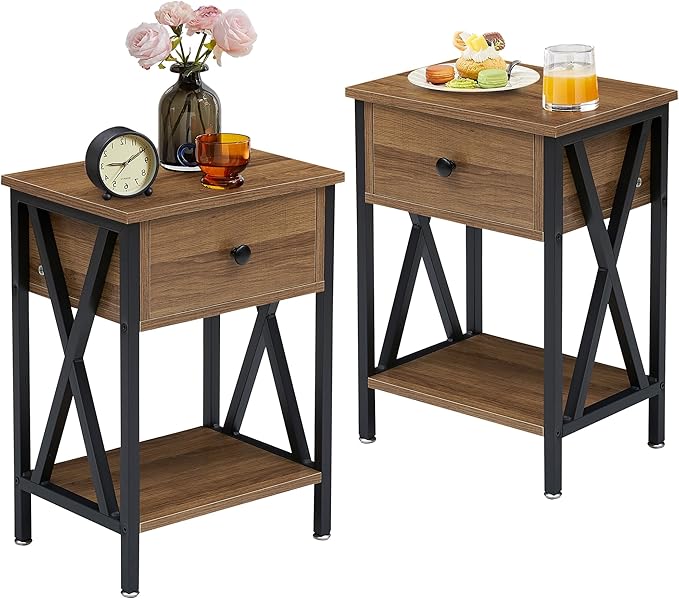 VECELO End Tables, Modern Nightstand with Drawer & Shelf, Night Stand for Bedroom Living Room,Industrial Metal Frame