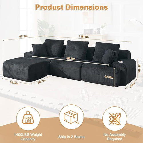 118" Modular Sectional Sofa, Cloud Sectional Couch with Deep Seat, Modern Modular Sofa with L Shaped Comfy Cloud Upholstered Boneless Couches for Living Room Bedroom, Black