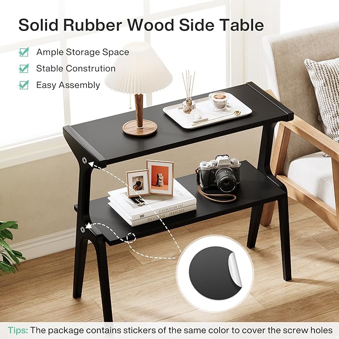 Tribesigns Set of 2 Wood End Table, Modern Narrow Sofa Side Table with Storage, 2-Tier Slim Wooden Bedside Table with Unique Legs for Bedroom, Living Room, Small Spaces, Easy Assembly, Black