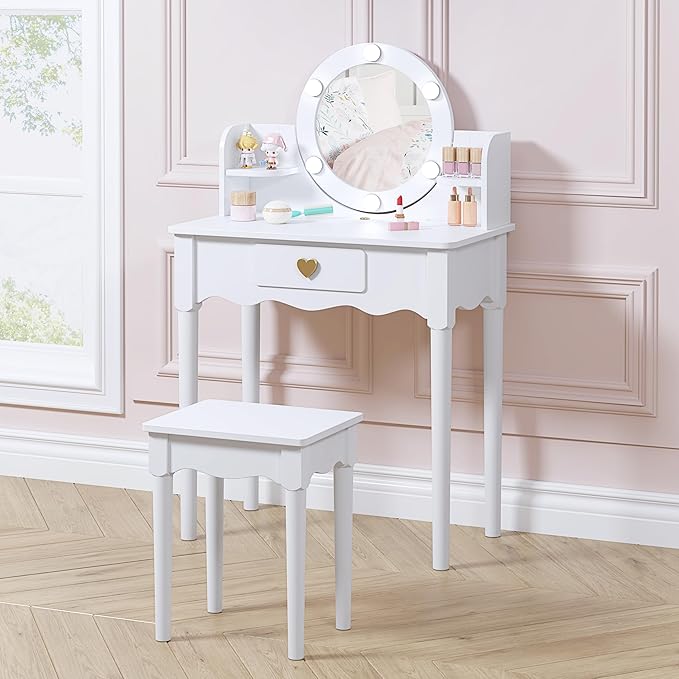 UTEX Kids Vanity, Girls Vanity Set with Mirror and Stool and Lights, Kids Vanity Table and Chair Set,Wooden Princess Makeup Desk Dressing Table, White