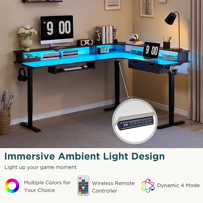 RedLemon 75X60 Inches L Shaped Electric Standing Desk, Height Adjustable Corner Gaming Desk with Drawers, Keyboard Tray, Power Outlets & LED Lights, Computer Desk with Monitor Shelf, Dark Walnut