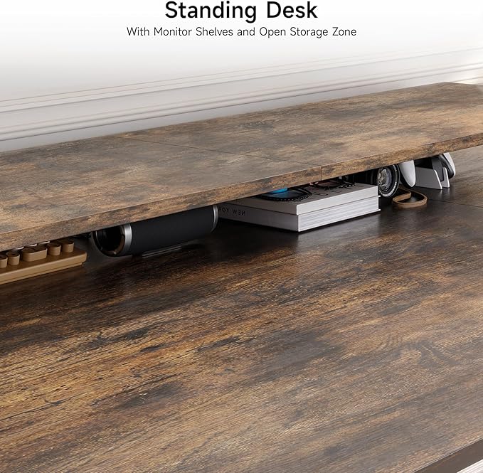 ONBRILL L Shaped Standing Desk, 71x43 Inch Electric L Stand Up Desk with 2 Adjustable Monitor Shelves and Dual Motor, Adjustable Height from 28-46'' for Home and Office, Rustic Brown