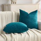 FUTEI Teal Velvet Throw Pillow Covers 24x24 Inch Set of 2,Soft Embossed Leaf-Relief Textured European Cushion Cases,Natural Home Decor for Couch Living Room