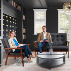 STHOUYN Black Small Leather Couch for Office, Booth Seating 2 Person Waiting Room Bench Couch, Mid Century Modern Loveseat Wood Sofa (Black)