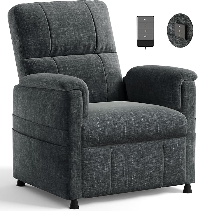 Amada Small Power Recliner Chair for Adults, Chenille Electric Reclining Chair for Small Spaces with Remote & Side Pockets, Thick Seat Cushion for Home Theater, RV, Living Room & Bedroom (Dark Grey)