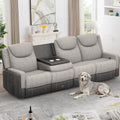 4 Seat Manual Reclining Sofa, Flip Middle Backrest 2-in-1 Recliner Couch with Large Storage Drawer, USB Ports & Cup Holders, Grey Linen & Leather 4 Seater Recliner Sofa for Living Room