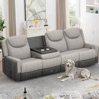 4 Seat Manual Reclining Sofa, Flip Middle Backrest 2-in-1 Recliner Couch with Large Storage Drawer, USB Ports & Cup Holders, Grey Linen & Leather 4 Seater Recliner Sofa for Living Room