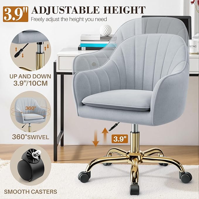 Comfy Home Office Desk Chairs Vanity Chair with Wheels Adjustable Modern Velvet Makeup Vanity Chairs for Bedroom Living Room（Grey）