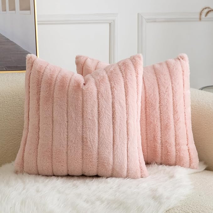 Pack of 2 Faux Fur Throw Pillow Covers 20x20 Inch Striped Decorative Soft Plush Couch Pillow Case Home Decor for Bed, Sofa, Living Room Pink