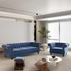 Chesterfield 3 Seater Sofa, Modern Velvet Tufted Couch 3 Seater with Rolled Arms and Nailhead Mid-Century Upholstered Couch for Living Room, Bedroom, Apartment and Office, Blue