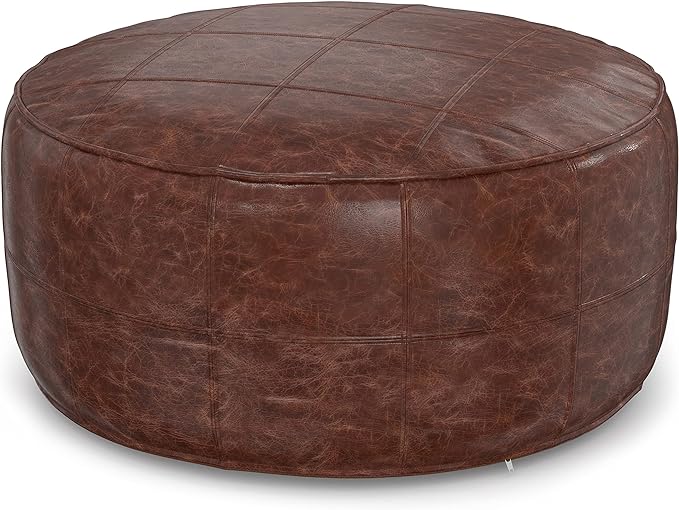 SIMPLIHOME Connor Boho Round 34 inch Round Coffee Table Pouf in Distressed Brown Genuine Leather for the Living Room, Bedroom and Kids Room