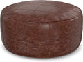 SIMPLIHOME Connor Boho Round 34 inch Round Coffee Table Pouf in Distressed Brown Genuine Leather for the Living Room, Bedroom and Kids Room