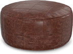 SIMPLIHOME Connor Boho Round 34 inch Round Coffee Table Pouf in Distressed Brown Genuine Leather for the Living Room, Bedroom and Kids Room