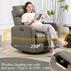 Genuine Leather Power Swivel Recliner Chair, Glider Electric Rocking Chair for Adults. Nursery Rocker Sofa Chair with Adjustable Headrest for Living Room. Wireless Charging/Type-C&USB, Grey
