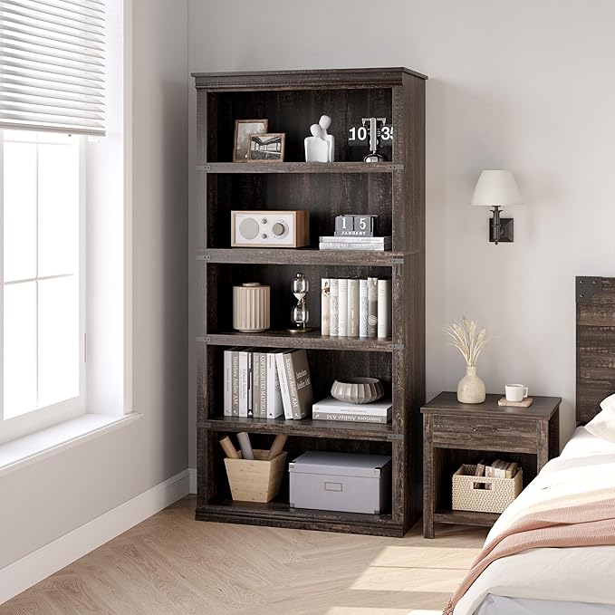 IDEALHOUSE 5 Tier Bookcase, Farmhouse Book Shelf with Storage, 71" Tall Book Case Wooden 5 Shelf Bookcase for Home Office, Living Room, Bed Room (Oak, 67.4" H x 31.5" W x 12.8" D)