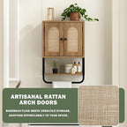 RUSTOWN Rattan Bathroom Wall Cabinet, Boho Over The Toilet Storage Cabinet with Arched Rattan Doors, Modern Medicine Cabinet with Adjustable Shelves & Towel Bar, Bathroom Organizer(Rustic Oak, Small)