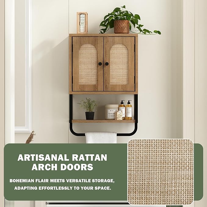 RUSTOWN Rattan Bathroom Wall Cabinet, Boho Over The Toilet Storage Cabinet with Arched Rattan Doors, Modern Medicine Cabinet with Adjustable Shelves & Towel Bar, Bathroom Organizer(Rustic Oak, Small)