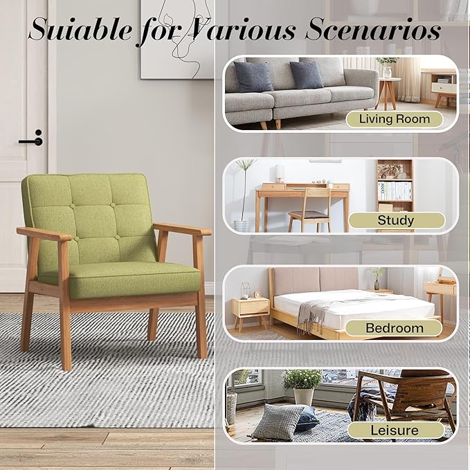 KCC Mid-Century Modern Linen Fabric Accent Chair Set of 2, Upholstered Tufted Leisure Chair Comfy Reading Side Chair with Armrest and Solid Wood Frame for Living Room Bedroom Balcony(Green)