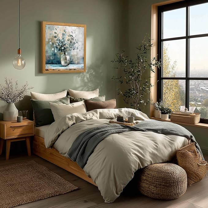 HLXRAE Eucalyptus Leaf Wall Art, Sage Green Botanical Canvas Print, Rustic Farmhouse Bathroom Wall Decor, Soft Blue Floral Aesthetic Picture for Bedroom living Room Wood Framed 16x16 inch