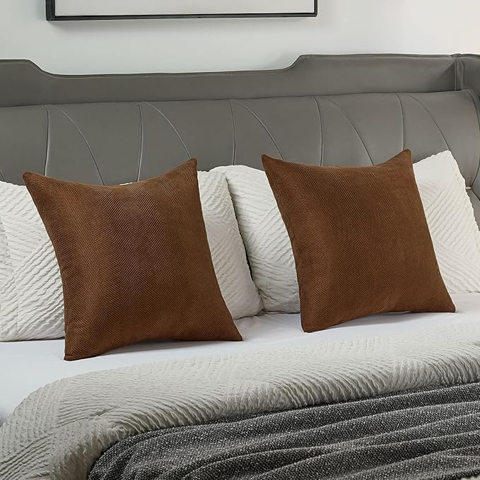FUTEI Dark Brown Chenille Throw Pillow Covers 16x16 Inch Set of 2,Soft Wide Chevron Textured Cushion Case,Farmhouse Home Decor for Couch Bed Living Room