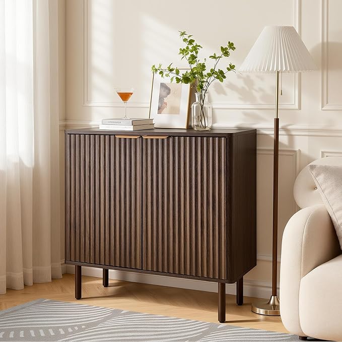 VEVOR Fluted Cabinet, Buffet Cabinet with 2-Tier Storage, Coffee Bar Cabinet with Adjustable Shelves, Sideboard Buffet for Hallway, Entryway, Living Room, or Kitchen, Walnut